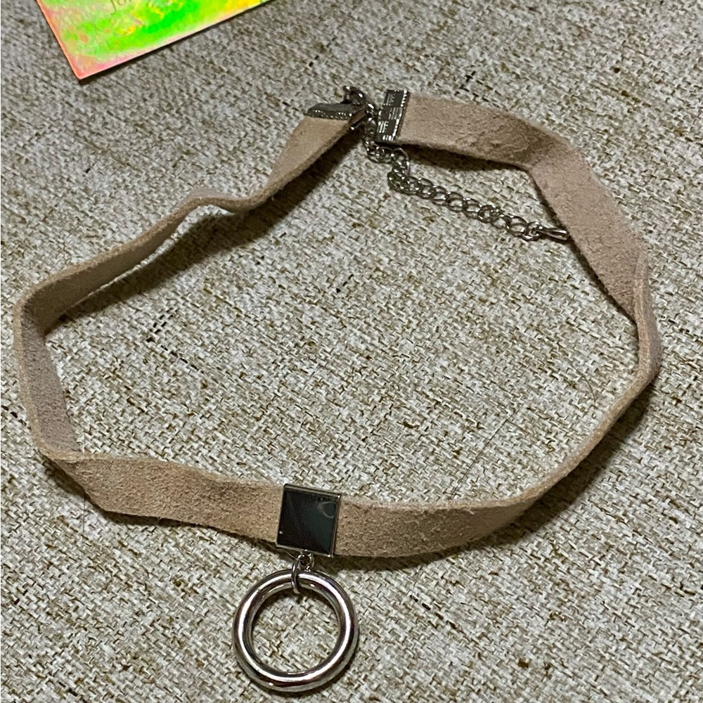 Tan Suede Choker Necklace with Silver Ring